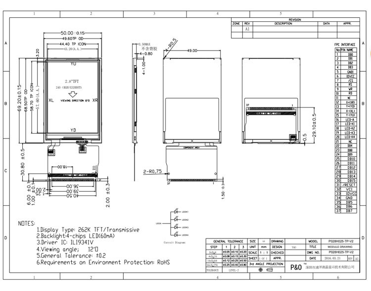 Polcd 2.8 Inch Full Viewing Angle TFT LCD Touch Screen Sunlight Readable IPS Panel