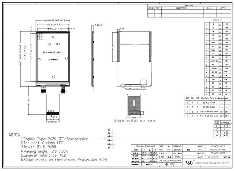 Polcd 3.5 inch MCU SPI interface ILI9488 TFT LCD Screen with Resistive Touch Panel 320*480 3.5