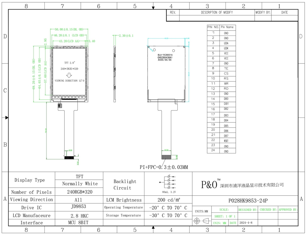 Polcd IPS Modules 2.8'' 240*320 Panel Spi infterface JD9853 IC Screen 2.8 Inch Tft Lcd Display