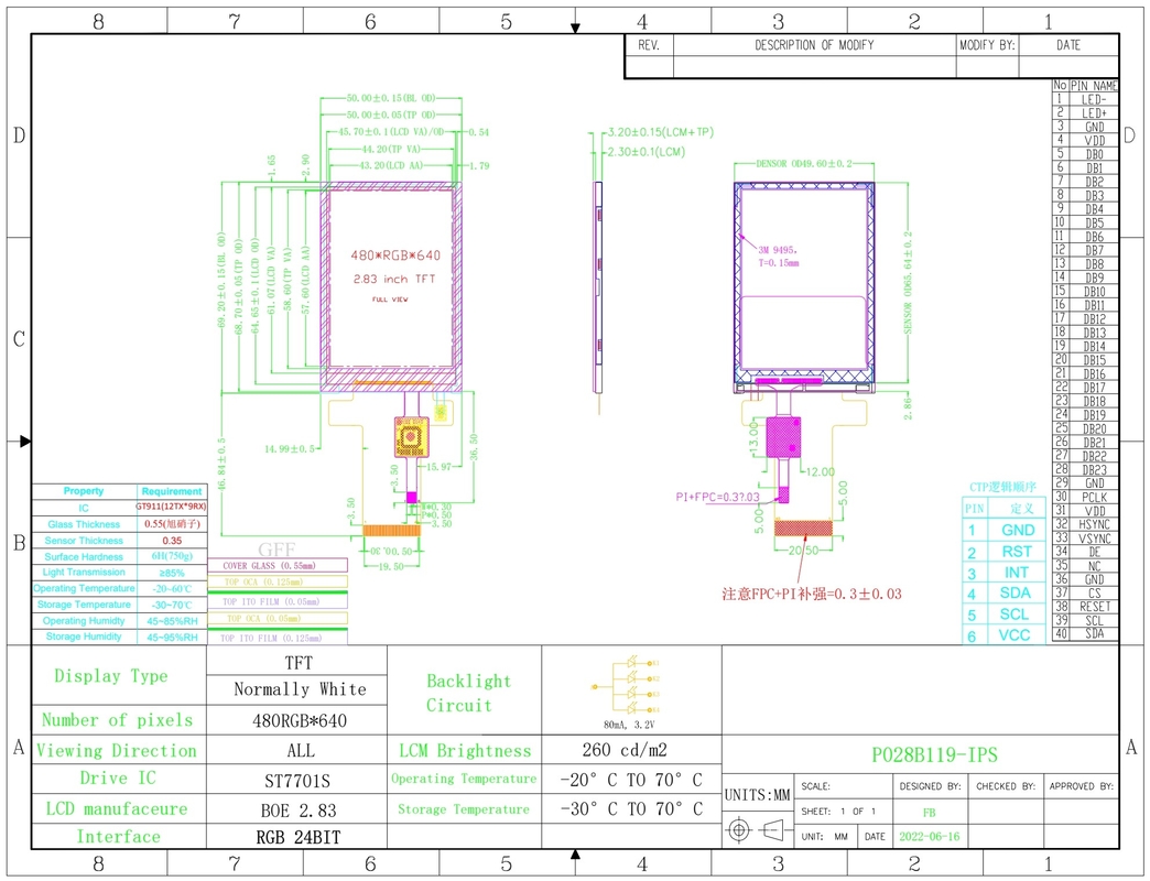 Polcd 2.8 Inch 480*640 Resolution RGB Interface Touch Panel ST7701S LCD TFT Display Module