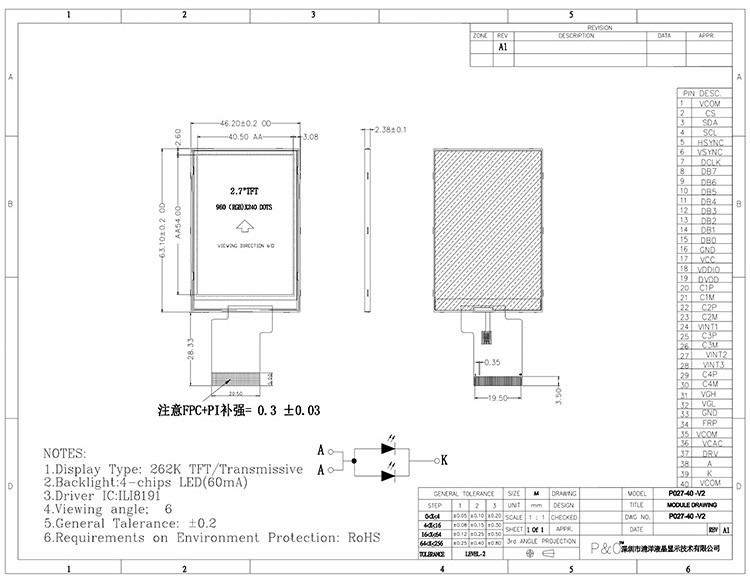 Polcd 960x240 Pixels 2.7 Inch Lcd Display Colors 262K Small TFT Display