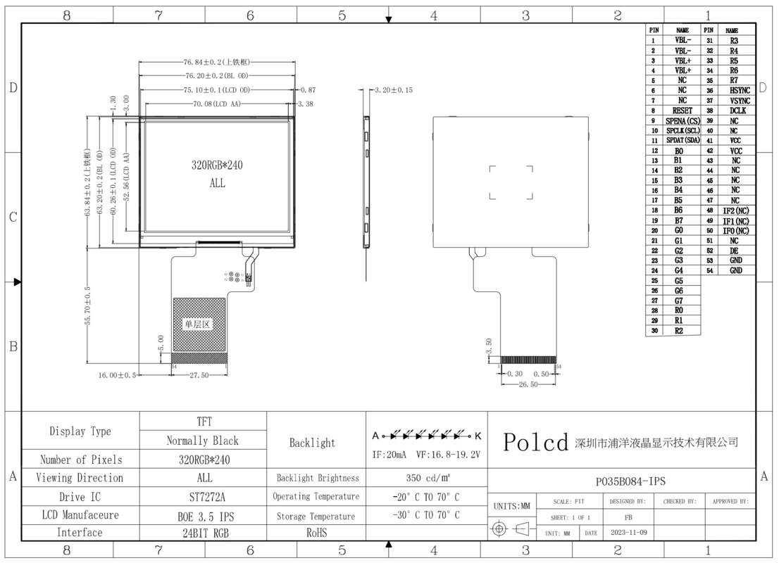 Polcd 3.5 Inch TFT LCD Display 320x240 SPI RGB Interface and Colorful Square Screen LCD Modules