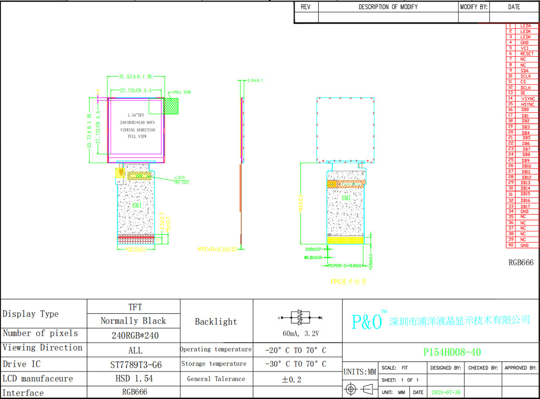 Polcd 1.54 Inch TFT LCD Display 240x240 IPS Square Screen 40 Pin RGB666 Interface LCD Panel