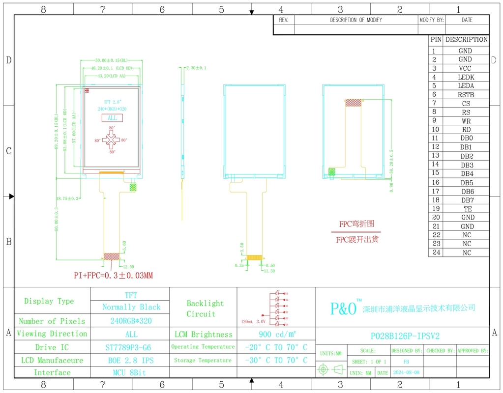 Polcd 2.8 Inch LCD Screen 240x320 MCU Interface Wide View Angle TFT Transflective LCD Module with ST7789P3-G6