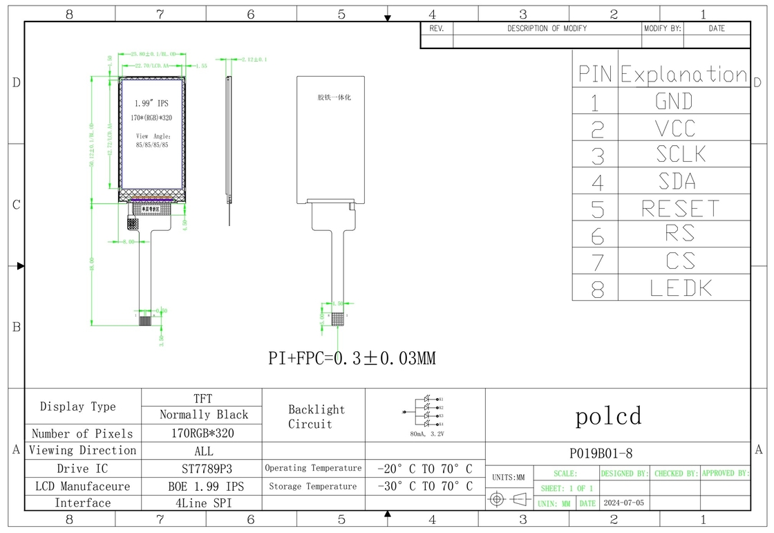 Polcd 1.9 Inch 170*320 ST7789P3-G6 SPI Bar TFT LCD Module Screen 8 Pin IPS Vertical LCM Display