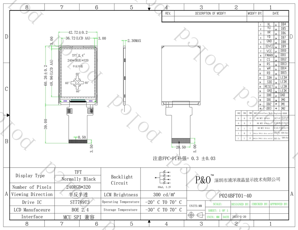Polcd Full Color LCD Display Transflective 2.4 inch TFT SPI MCU 20 pin Qvga 240x320 TFT LCD