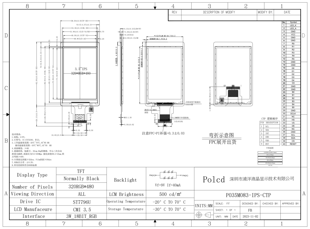 Polcd Custom LCD Display 3.5 Inch 320x480 40pin IPS Angle 500nit ST7796U Capacitive Touch Screen