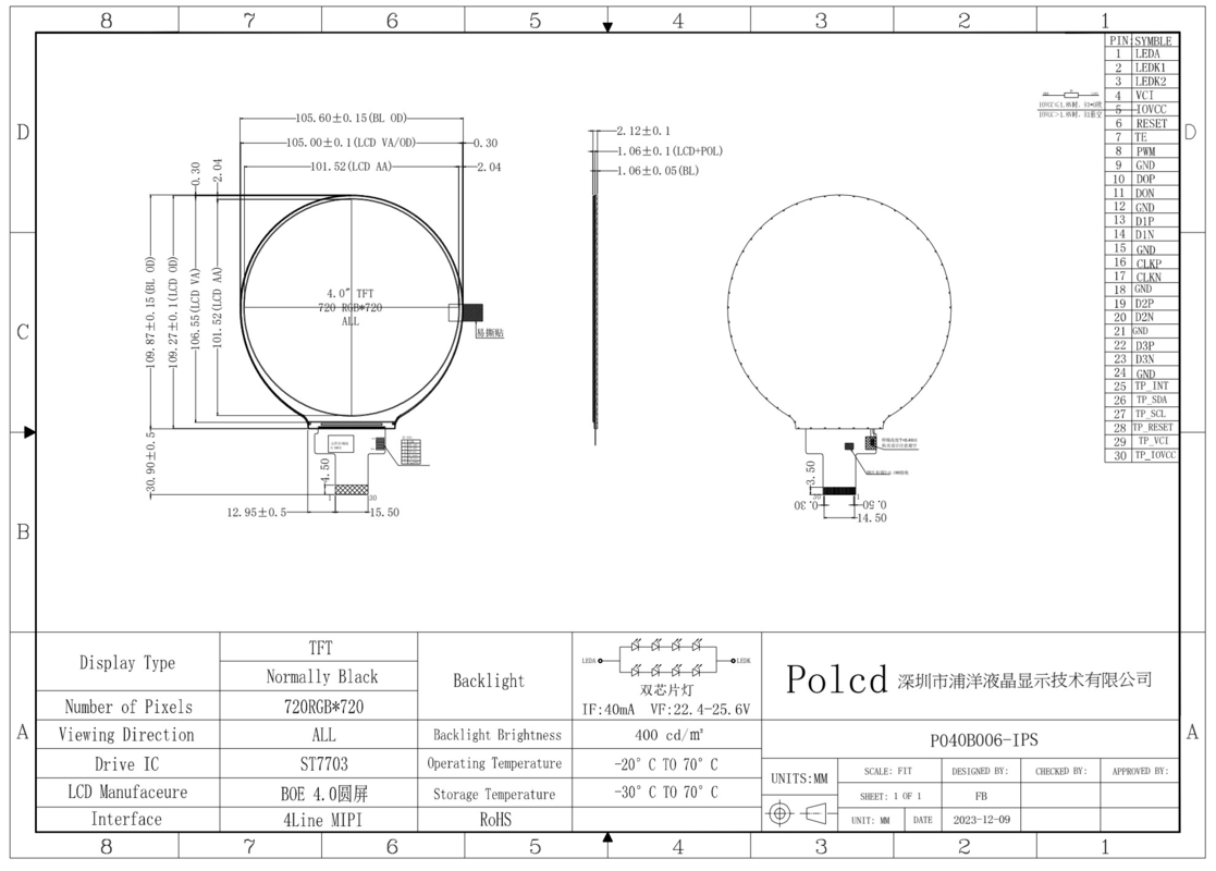 Polcd 4.0'' Circle Panel LCD Module 720*720 ST7703 IPS View Angle MIPI interface Round TFT Display