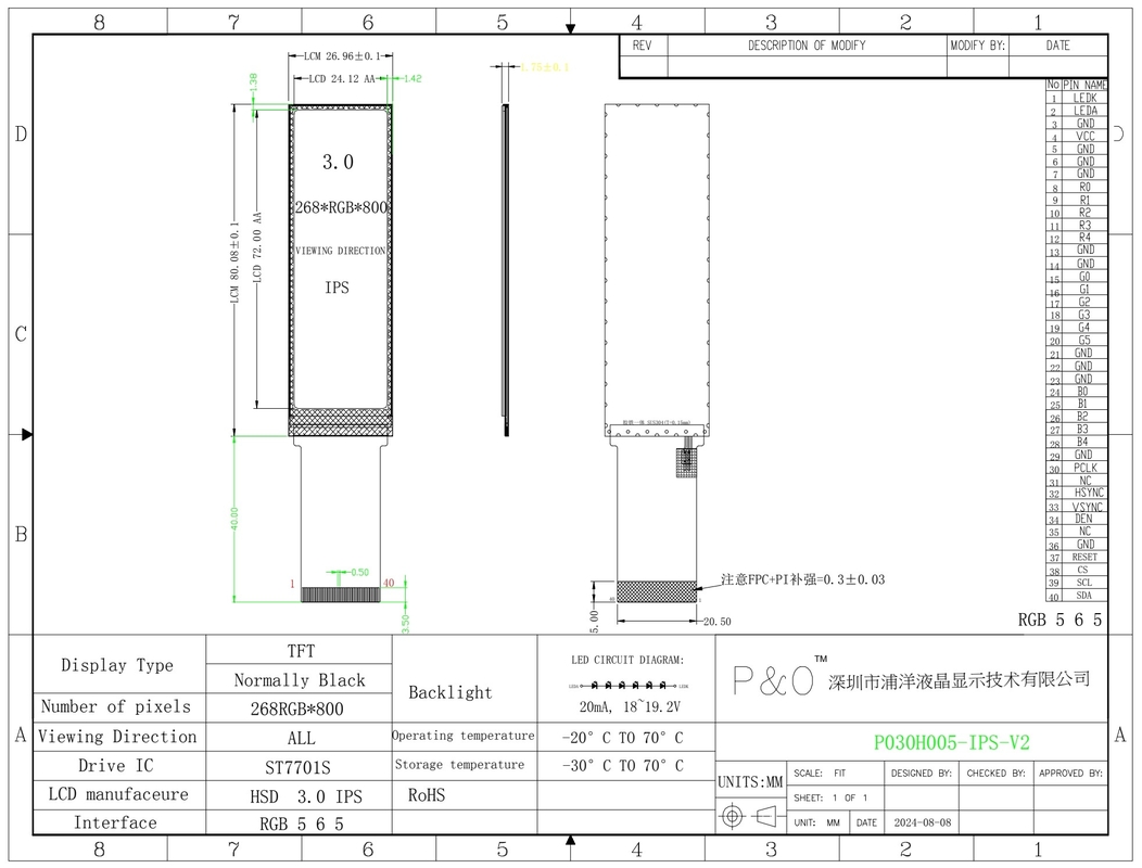 Polcd IPS 268x800 ST7701S High Brightness 700nits 3.0 inch TFT LCD Screen LCD Display