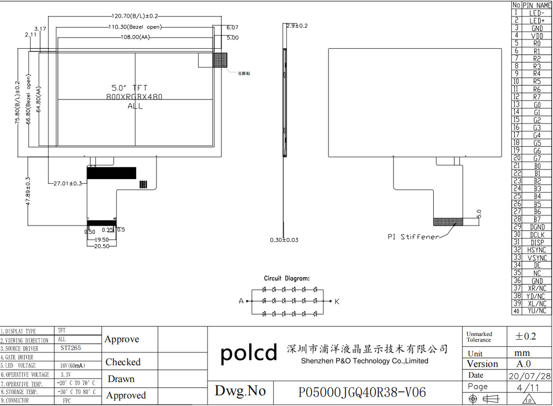Polcd 5 Inch Lcd Screen 800x480 Resolution ST7262 Driver IC RGB Interface TFT Display