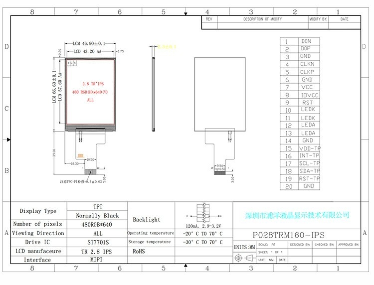 Polcd 2.8 Inch 480x640 Resolution IPS Glass LCM LCD Module MIPI Interface TFT Display