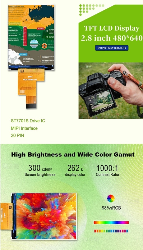 Polcd 2.8 Inch IPS LCD Display with MIPI Interface 480x640 Resolution 300nits 2.8