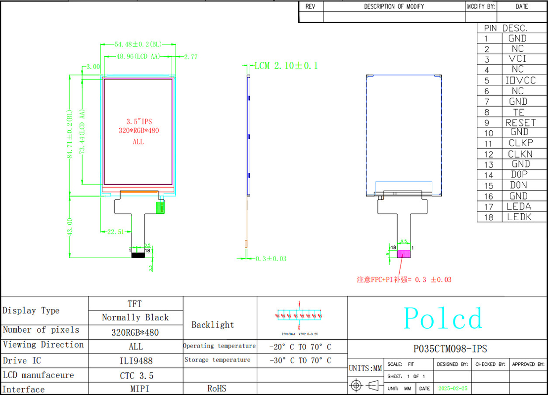 Polcd 3.5 Inch IPS TFT LCD 320*480 Ili9488 Drive Ic 600:1 Contrast Ratio LCD Display Modules