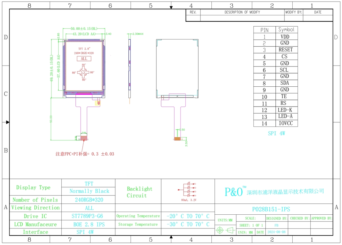 Polcd 2.8 inch matrix 240x320 TFT Display 20 Pin FPC LCM ST7789 Customizable Manufacturer LCD Module