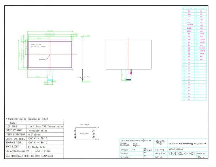 Polcd Resolution 1024X600 10.1 Inch Lcd Display EK79001 Tft Display Module 750 Nit
