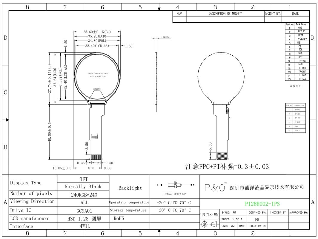 Polcd 1.28 Inch IPS Circular LCD Display 240xRGBx240 Resolution Customized TFT LCD Module for Smart Watches