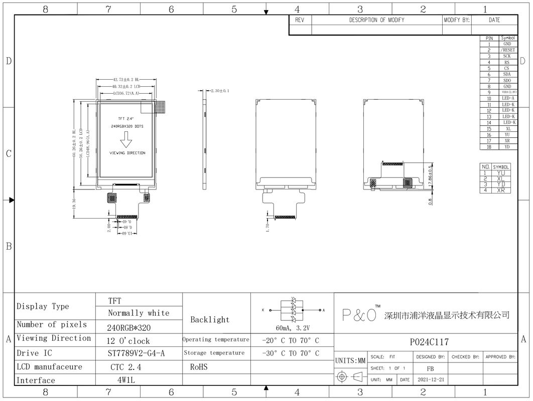 Polcd 18 Pin 2.4 Spi Tft Lcd Display ST7789V2 Tft Touch Screen Display