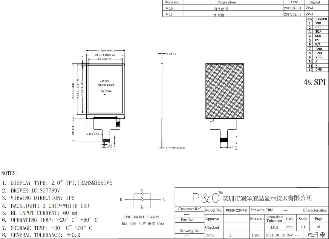 Polcd Customizable 2 Inch 240x320 TFT LCD Module with SPI Interface IPS Color Display Panel
