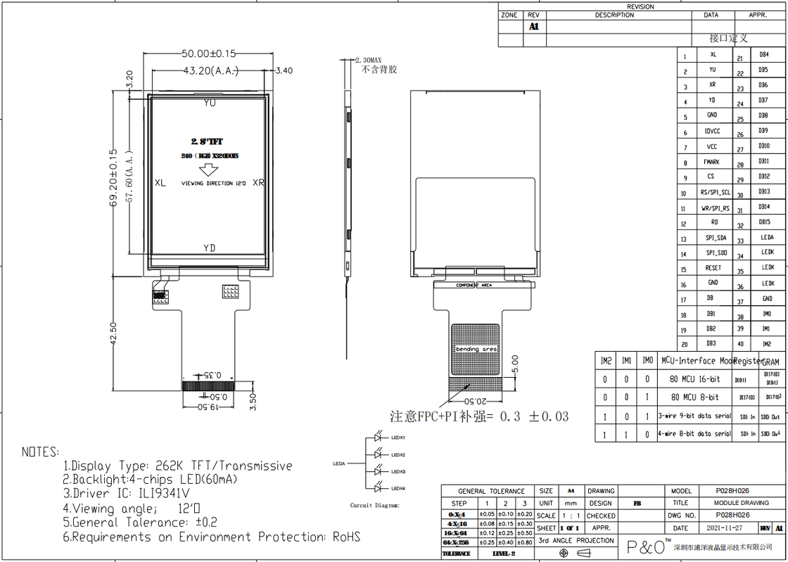 Polcd 2.8 Inch TFT Module 240x320 Resolution SPI MCU interface ILI9341v TFT Transmissive 2.8