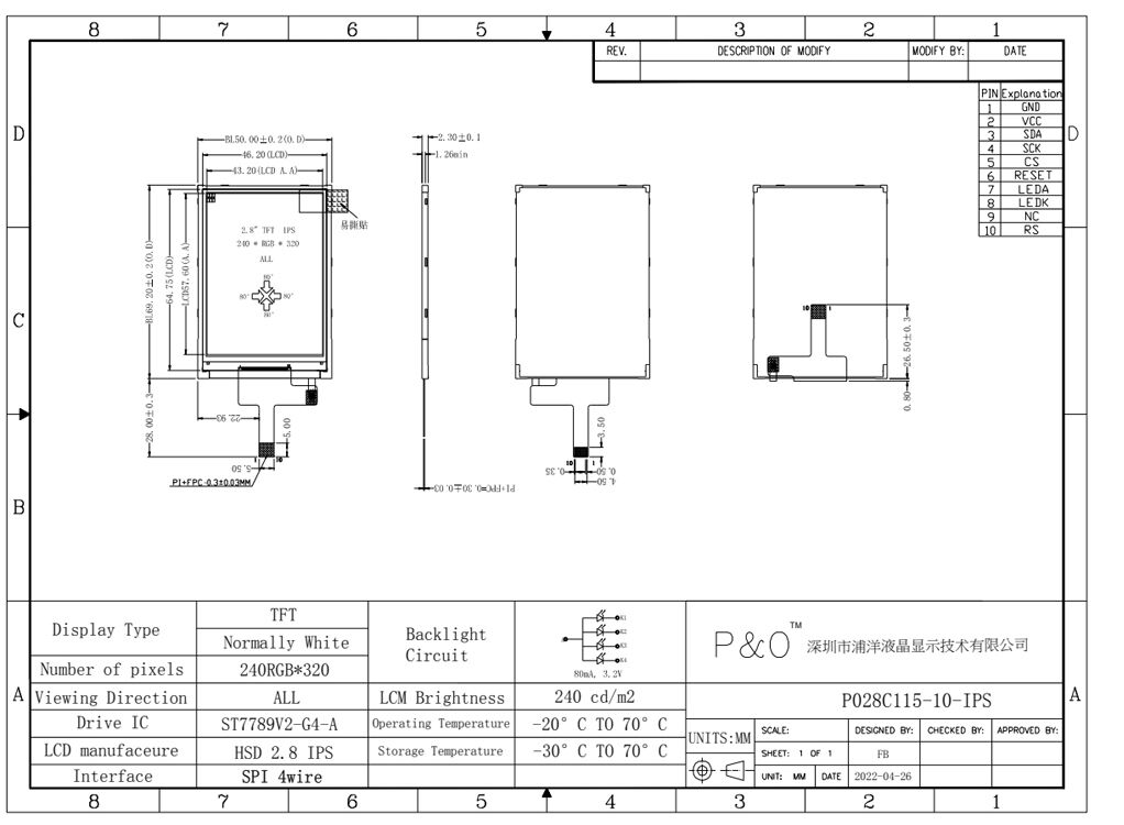 Polcd 2.8 inch IPS Screen LCM Module 240x320 SPI Interface ST7789V High Brightness TFT LCD Display
