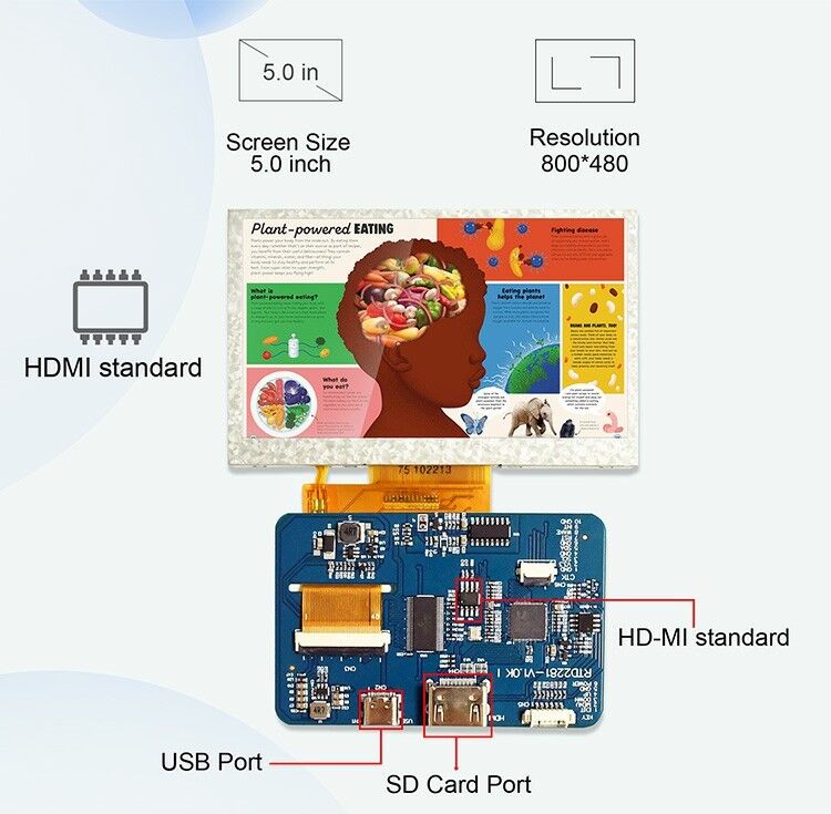 Polcd RTD2281 LCD Driver Board 5 4.3 Inch HDM-I 800x480 Touch Screen TFT Display Module for Raspberry Pi