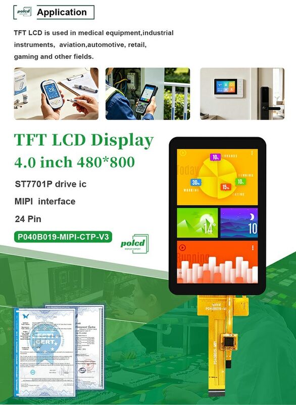 Polcd 480x800 4.0 Inch TFT LCD Screen 300 Brightness 24pin IPS view angle Touch Panel Lcd Display