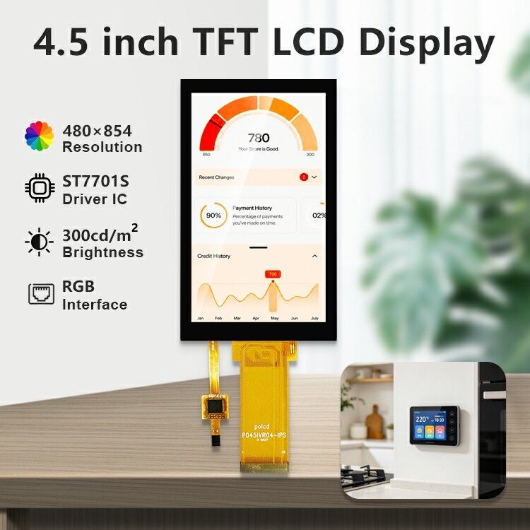 Polcd 4.5 Inch TFT LCD Panel with 480*854 Resolution Capacitive Touch Screen 40pin Lcd Color Display